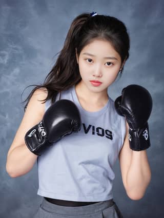 a girl in a blue shirt and black boxing gloves