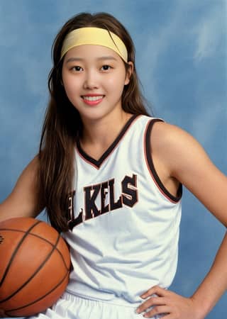 a girl in a white jersey holding a basketball