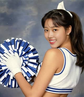 in cheerleader outfit holding a pom pom