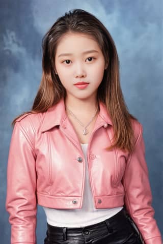 in a pink leather jacket