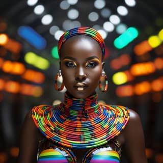 african woman in colorful outfit with bright lights