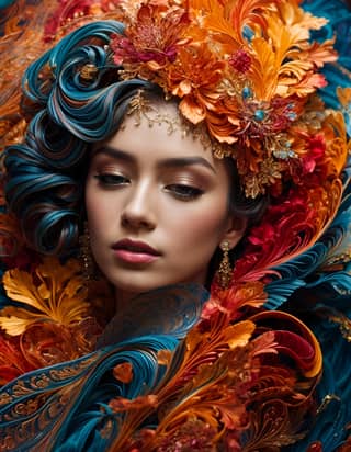 beautiful woman with colorful hair and feathers