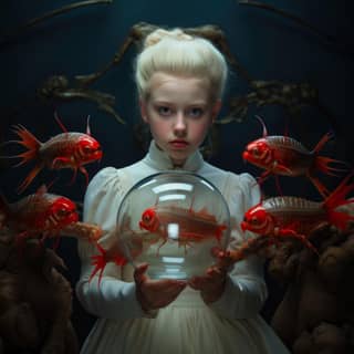 a girl holding a fish bowl with red fish in it