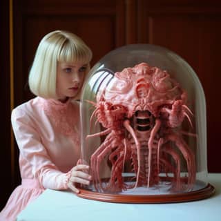 in a pink dress is holding a giant insect under a glass dome