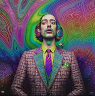 with long hair and a tie in front of a psychedelic background