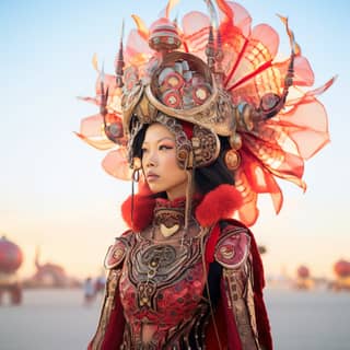 in red and gold costume with elaborate headdress