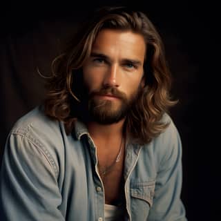 with long hair and beard posing for a portrait