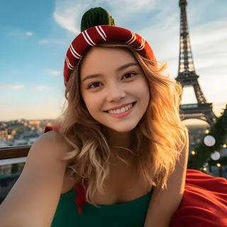 in a christmas hat is taking a selfie in front of the eiffel tower