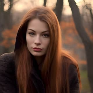 redhead woman with long hair sitting in the woods