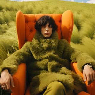 wearing a green outfit sitting in an orange fur chair in high grass filed cinematic scene wes anderson color palette in the