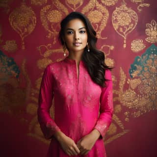 Indian woman wearing an hot pink kurta in front of a wall celebrating Diwali in the style of intricate brocade symmetrical