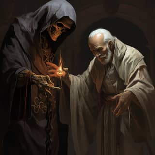 an old man wearing white robes weilding a black gnarled staff patting the head of a docile animated skeleton