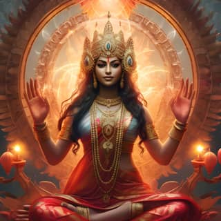 goddess lakshmi modern diwali scifi, the goddess of the sun is sitting in the middle of a lotus flower