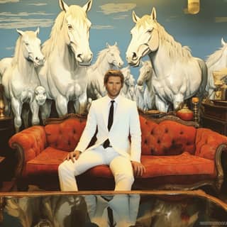 surreal cloudy horses Dali pop art Andy Warhol, in a suit sitting on a couch with horses behind him