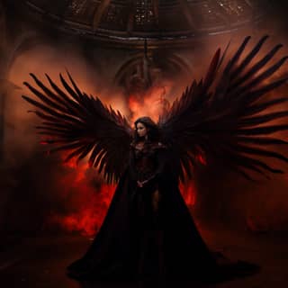 wings beast a female angel with her demonic beast dark red armor large black feathery wings black hair hazel eyes oval