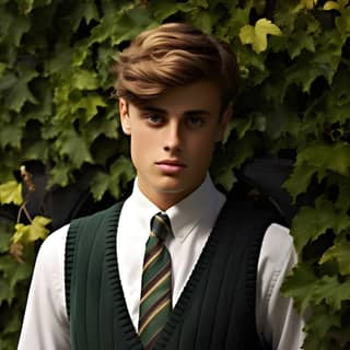 Preppy Fashion: "Picture a model in a preppy fashion shoot surrounded by ivy-covered walls and classic architecture