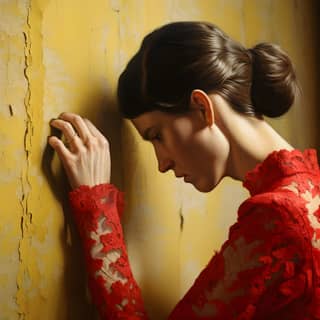 woman grasping the corner of two walls red lace dress