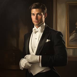 handsome man smyle in in formal dress white gloves in the style of precisionist timeless artistry karl gerstner holding in