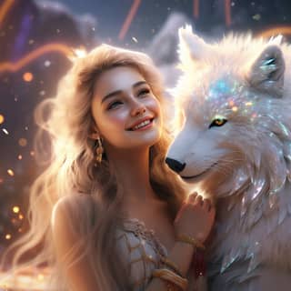 Magic parties a girl with a white fox and a loving expression in her early 20s she smiles Ornate Dark Fantasy Octane Render