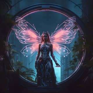 high fantasy cyborg neon cyberpunk fairy with mechanical wings walking through an overgrown round portal to a fantasy