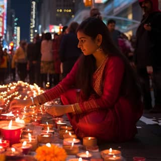 New York colourfulness indian people celebrate diwali, in indian dress is lighting candles on the street