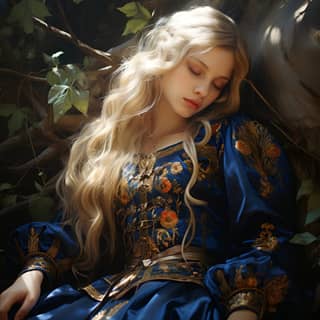 Princess Melissa with very long blonde hair sleeping under a tree wearing a royal blue gold embroidered tunic ultramarine