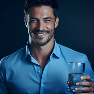 a handsome smiling and neat man of 35 years old drinking water from a glass blue tones futuristic