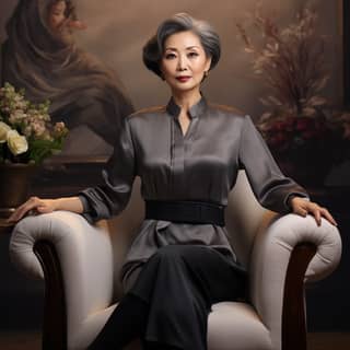 Asian Women in her 50s Hyper Realistic Beautiful business dress posing sitting