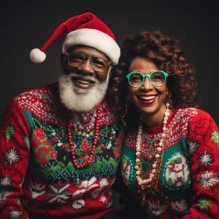 Create an ugly Christmas sweater with a heartwarming twist – feature a jolly Black Santa Claus and Mrs Claus enjoying the