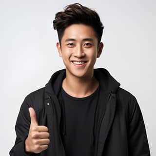 a chinese man acting sign okay hand langueh smile and enjot in a casual black outfit photography