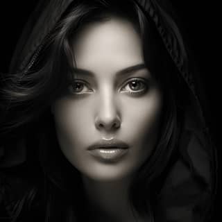a fashionable Monica Bellucci in black and white emotive eyes intense gaze contemplative mood expressive face