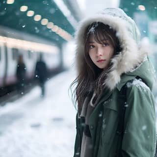 a girl is standing in front of an asian station in the style of snow scenes nikon d850 the new york school onii kei