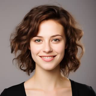 girl smile white back, portrait of with curly hair