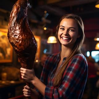 smiling holding a huge roast turkey leg, holding a large roast chicken