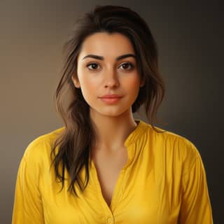 a midage beautiful Pakistani woman round face wearing yellow top and black pants
