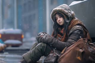 waifu material gatcha homeless person, sitting on the ground in the snow