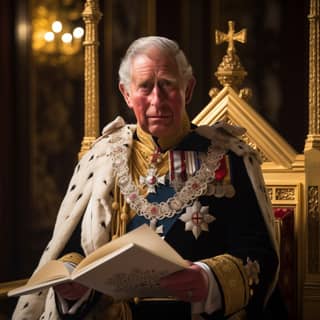Generate a visually compelling scene inspired by King Charles III's iconic speech capturing the regal ambiance and emotional