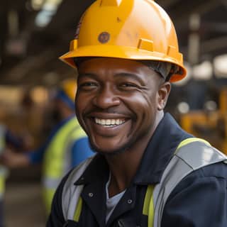 an african engineer happily working on a gold processing CIL tank wearing white shirt reflective vest and clean white helmet