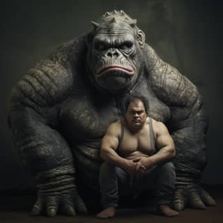 a hybrid between a snail and a mutant gorilla, sitting next to a gorilla