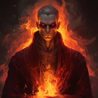 A demonic looking vampire with crimson colored robes skull tattoo over his face sulfurous yellow light and burning smoke