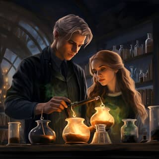 draco and hermione in a potions lab