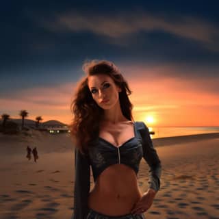 ultra realistic woman on beach sun goes down