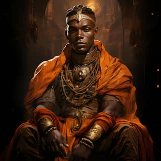 D&D Illustration dark elf genie orange and brown skin, in an orange robe sitting on a throne