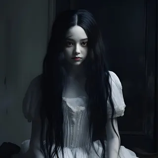 porcelain doll long black hair white dress horror setting, in a white dress sitting on a chair