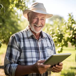 an old white farmer holding an ipad and smiling at the screen like he has made some money