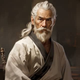an old samurai long white hair tied in a high ponytail light brown skin visible light hazel eyes a short white beard serene