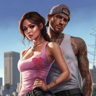 Jason wears a dirty white tank top and damaged jeans and Lucia wears a pink top They both holding a gun