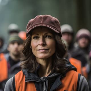 Joanna Gleason in her mid-40s from the 1990s She is wearing modern protective gear suitable for forestry work including a
