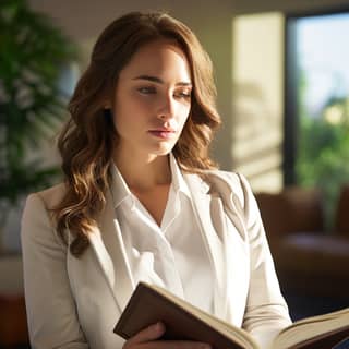contemporary romance genre in their 32s holding a book in the foreground wearing an elegant white suit She has brown hair