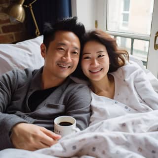 a 30 years old Hong Kong couple laying on bed it is sunday morning peaceful and relaxing Camera Model: SONY α7R II Lens: